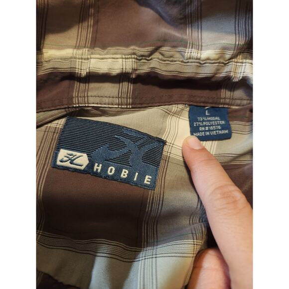 HOBIE Shirt Men's Brown Large Plaid Short Sleeve Button Front Embroidered READ‎ - Picture 2 of 9